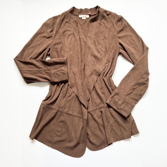 brown open front‎ cardigan faux suede long sleeve Size S/M Simply Noelle - Picture 12 of 12